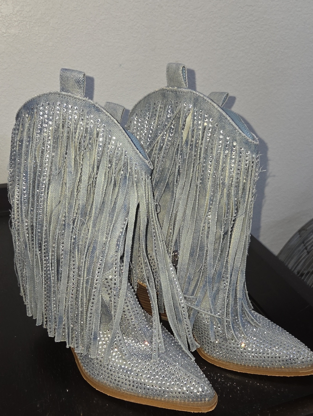 Silver Fringe Rhinestone Pointed Toe Women's Boots